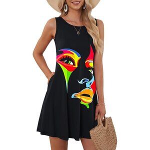 Women's Artistic Face Sleeveless Crew Neck Summer Boho Beach Dress with Pocket